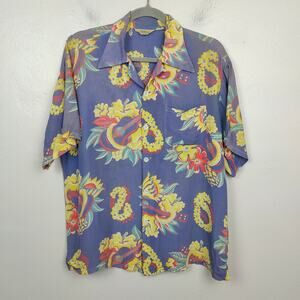 Vintage 40s 50s Made in California Rayon Hawaiian Shirt Men Medium Purple Floral